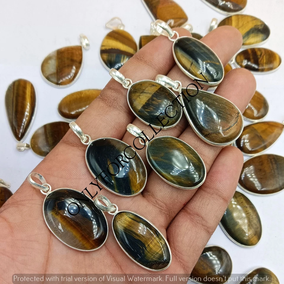 ¡Regalo!! Lote de piedras preciosas de ojo de tigre natural enchapado en plata de ley 925 bisel colgante Foto 3 de 3