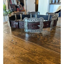 Nocona Concho Belt S Tooled Leather Western Silver Engraved Conchos & Buckle 
