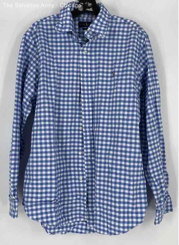 Ralph Lauren Mens Blue White Check Classic Fit Button-Up Shirt Size Large