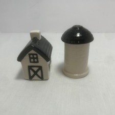 Farmhouse Salt & Pepper Shakers Set Barn & Silo Black White Ceramic Rustic Decor