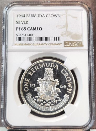1964 BERMUDA SILVER 1 CROWN NGC PF 65 CAMEO HIGH GRADE SCARCE PROOF STRIKE