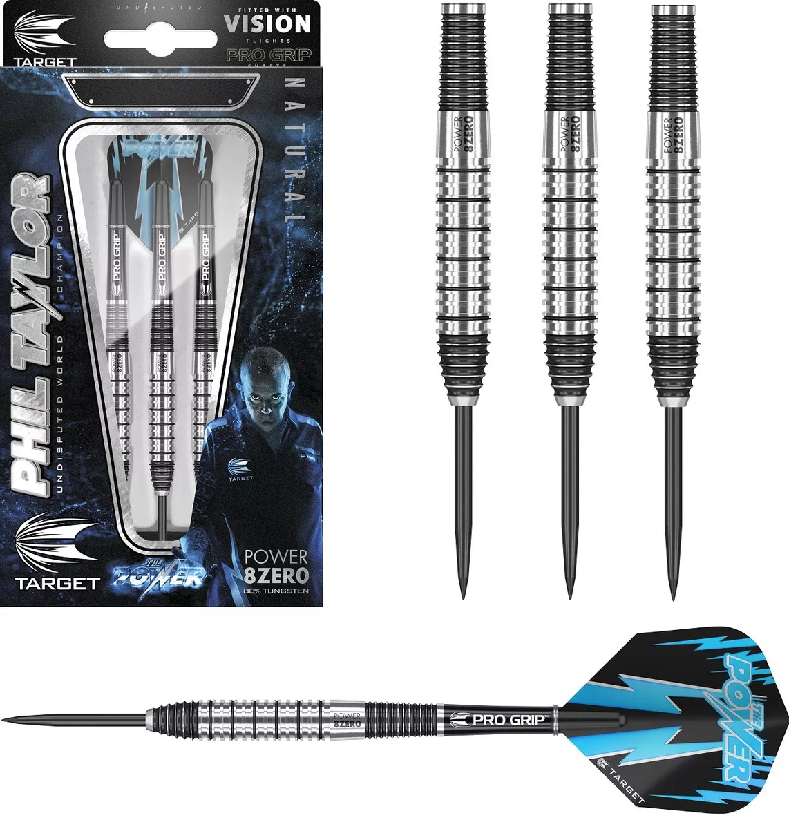 Phil Taylor Power 8Zero 2 80 Tungsten Steel Tip Darts by Target
