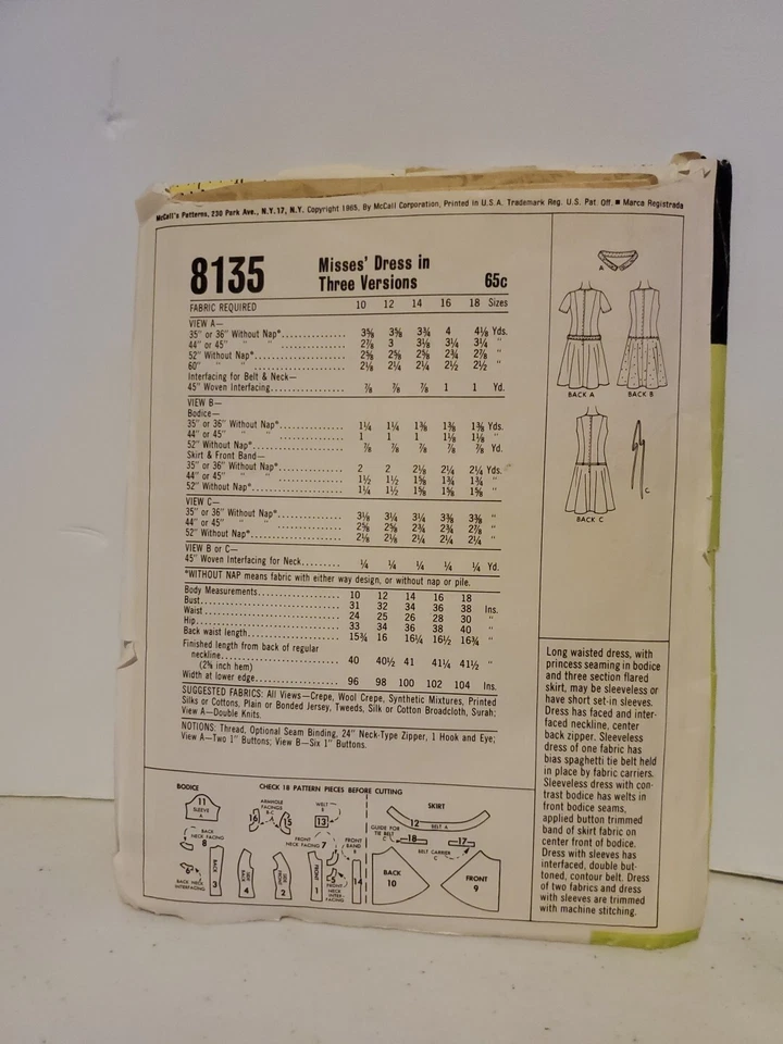 Vintage 1965 McCall's Drop Waist Dress Pattern 2 Sleeves #8135 Sz 12 - Image 2 of 3