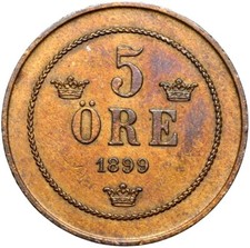 Schweden - K&ouml;nig Oskar II. - M&uuml;nze - 5 &Ouml;re Oere 1899 - ERHALTUNG !