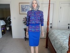 Valentino Royal Blue Multi Wool Santana Knit Skirt/Jacket Set Size EU 40/US 8
