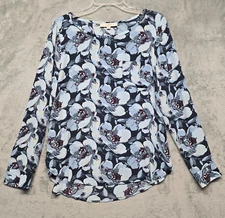 Ann Taylor LOFT Top Womens Medium Blue Floral Roll Tab Long Sleeve Lightweight