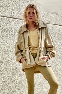 Free People Movement She's All That Jacket Fleece Drawstring Sage Green L NWT
