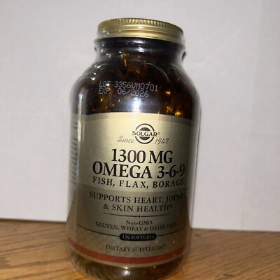 Solgar 1300 mg Omega 3-6-9, 120 Softgels - Fish Oil Supplement Exp. 06/26