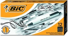 BIC Clic Stic Retractable Ball Pen, Medium Point, 1.0mm, Black, 12-Count