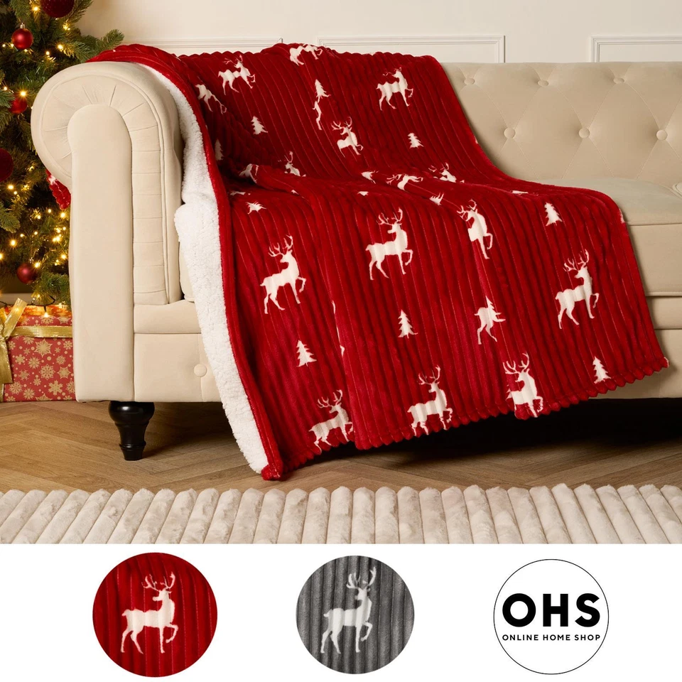 OHS Stag Fleece Throw Over Bed Blanket Ribbed Christmas Sherpa Lined Supersoft Warm