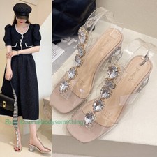 Womens Rhinestone Clear PVC Summer Chunky Heels Shoes Evening Party Sandals HOT