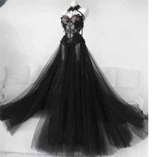 Black Gothic Lace Wedding Dresses Fairy Tulle Forest Bridal Gowns Applique