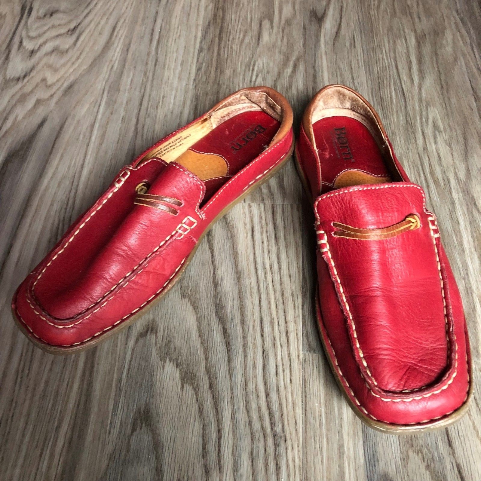 womens red leather mules