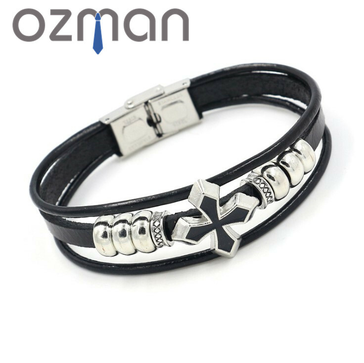 Men Women Punk Bracelet Stainless Woven Leather Braided Cord Wristband