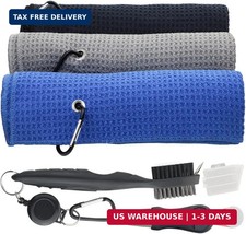 Golf Towel Set - 3 Microfiber Waffle Pattern Golf Towels Club Brush Divot Re