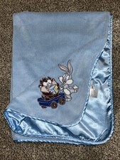 VTG Looney Tunes Bugs Taz Wagon Block Blue Baby Blanket Satin Trim Back
