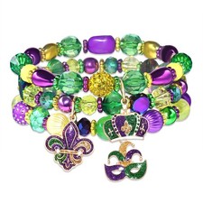 Mardi Gras Bracelets Fleur De Lis Mask Corwn Charm Beaded Stretchy Bracelet Mard