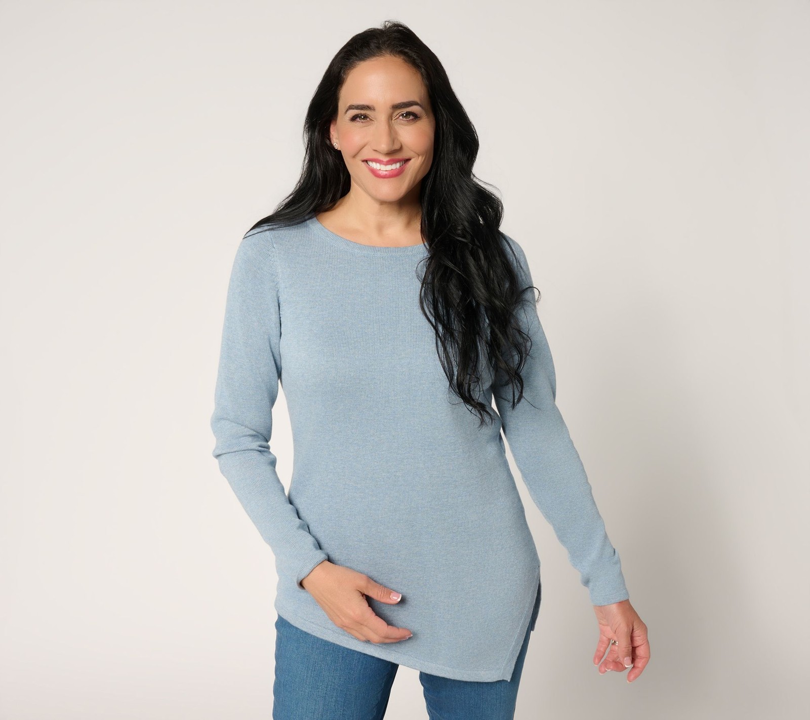 Belle by Kim Gravel Women's Top Sweater Sz M Asymmetrical Hem Blue A695182