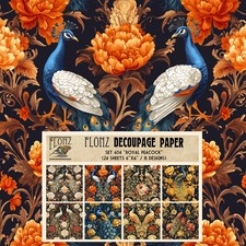Decoupage Paper 6"x6" Royal Peacock: Majestic Blue and Gold Peacock Surrounded