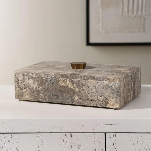 Uttermost 18153 Griseus 9.5 inch Travertine and Bronze Box - Picture 6 of 7