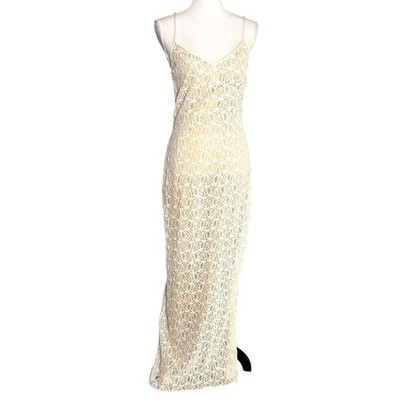 Vintage 1990s Reggio Ivory Lace Maxi Dress Spaghetti Strap Open Back Bridal S/M