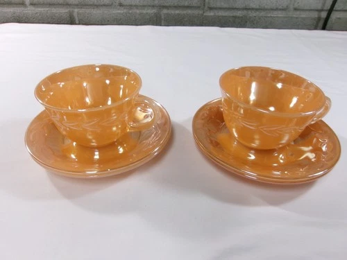 2 Vintage Fire King Peach Luster Laurel Leaf Cups and Saucers + 2- Extra Saucers