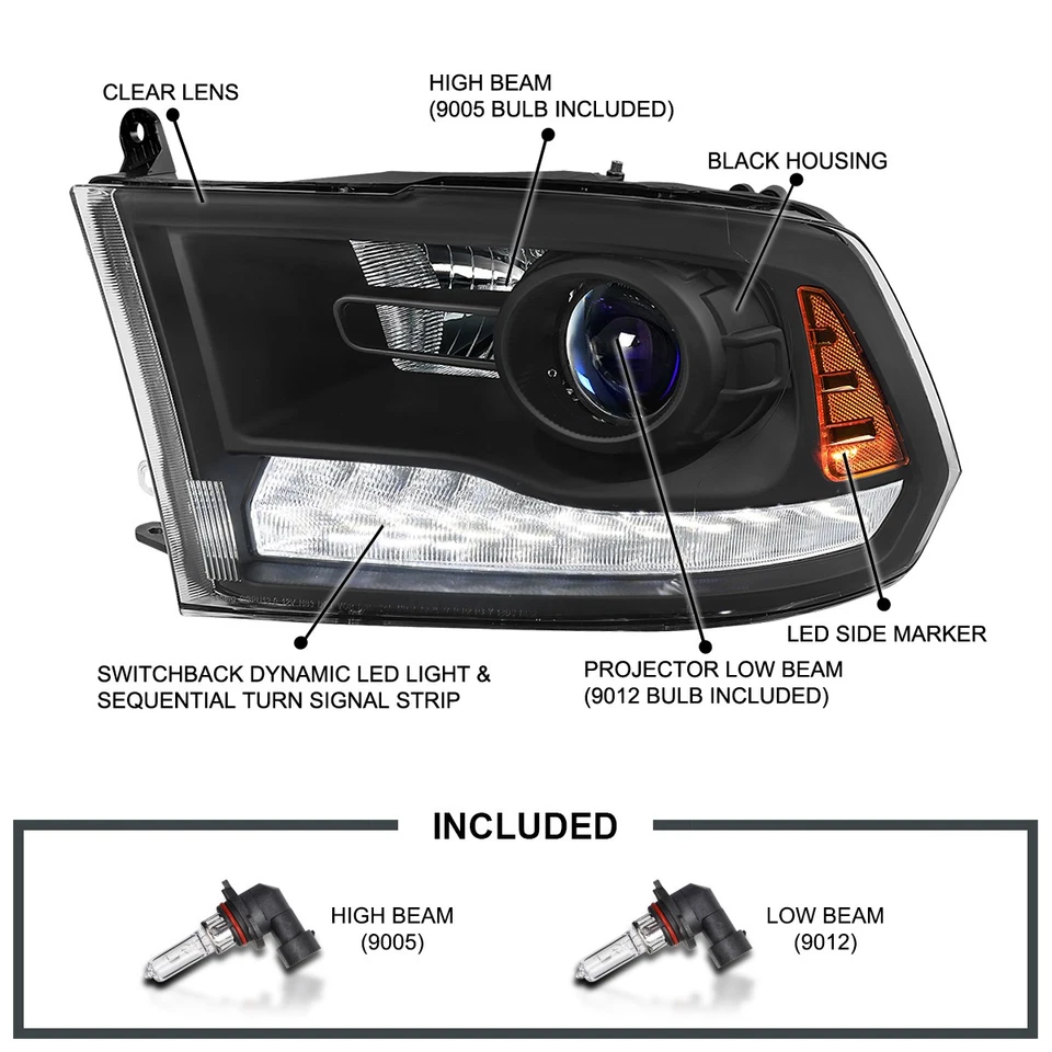 Fits 2009-2018 Dodge Ram 1500 Black Projector Headlights Sequential LED Signal - Image 3 of 4