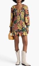 Farm Rio Garden Black Mini Dress XS NWT Floral Smocked Long Sleeve Boho $230