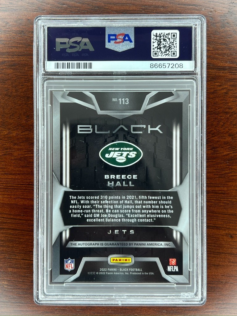 Breece Hall 2022 Panini Black RC Rookie #113 Autograph Silver /99 PSA 10 Pop 2 view 2