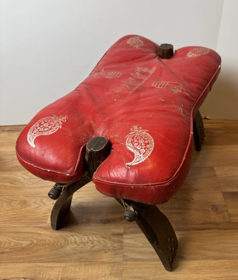 Vintage red leather camel saddle ottoman footstool W/original ornate pad - Image 4 of 4