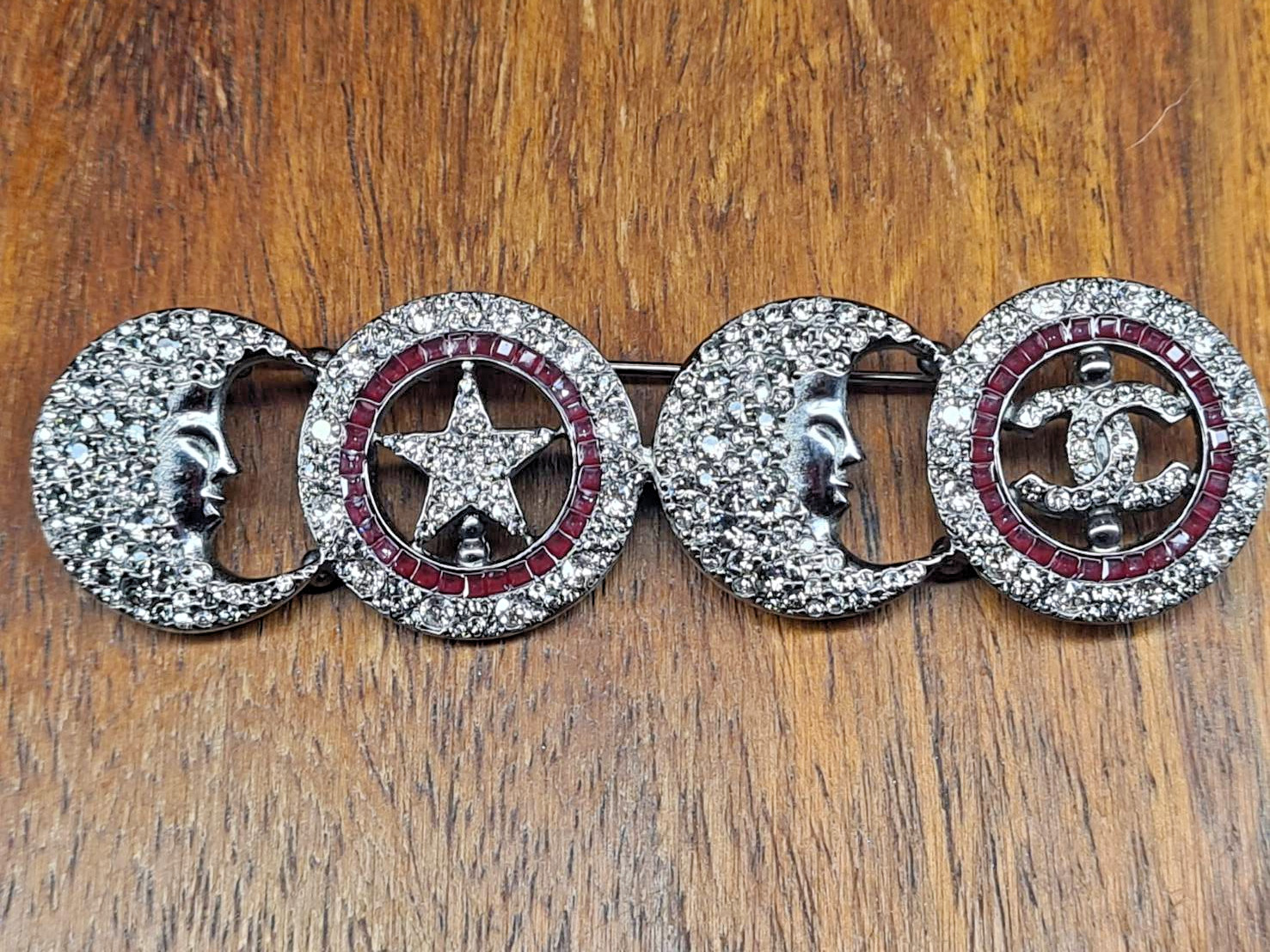 Chanel "COCO" Brooch Moon Stars Ruthenium Metal Rhinestones Crystals Silver Tone