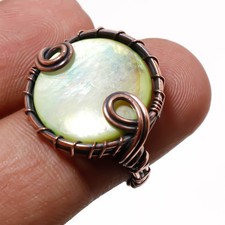 Green Mother Of Pearl Gemstone Wire Wrap Copper Antique Jewelry Ring 5.5" PG 273