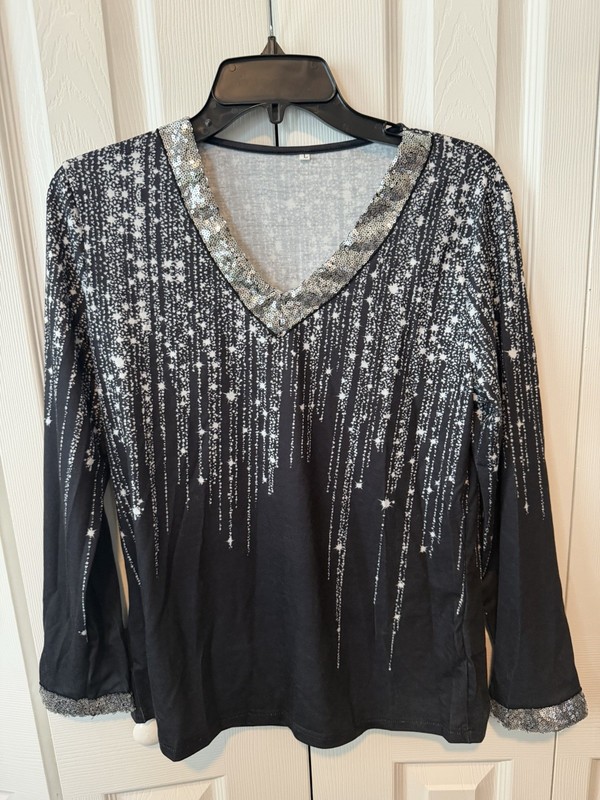 Black Long Sleeve Blouse with Silver Sequin Trim Size Large