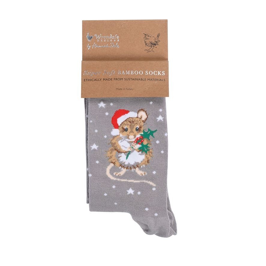 Festive Mouse Soft Grey Christmas Bamboo Socks – Wrendale Antibacterial One Size - Image 2