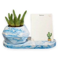 Geometric Planter and Tray for Office Desk - Concrete Business Card Holder