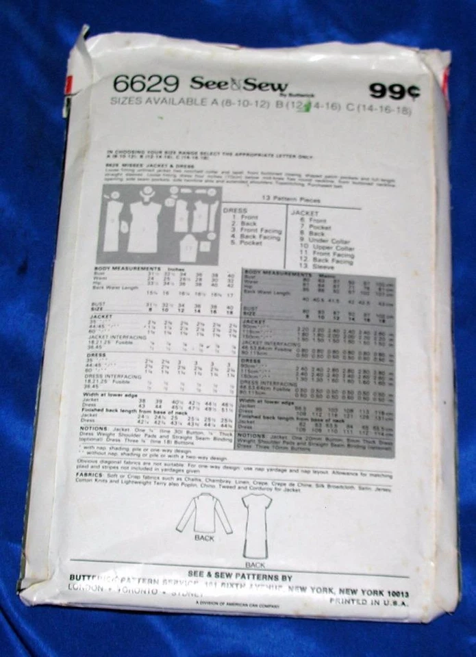 VTG BUTTERICK SEWING PATTERN 6629 SEE N SEW DRESS N JACKET LADIES SIZE 14 TO 18 - Image 2 of 2