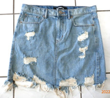 EXPRESS Jean Denim Blue Cotton Blend Distressed Mini Skirt Raw Hem SZ 6 E637