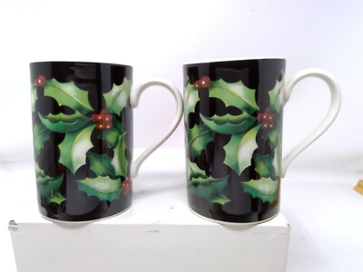 Pair of Dunoon China Holly Designed by Caroline Bessey Mugs Cups