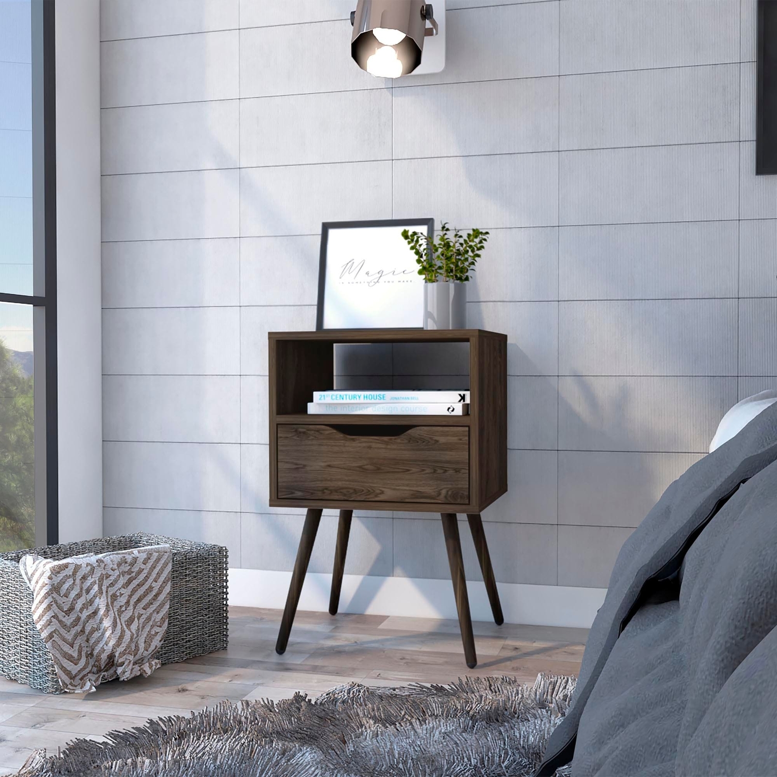 Nightstand with 1 Open Shelf and 1 Drawer,4 Legs-image