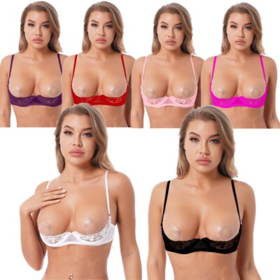Women Sexy Floral Lace 1/4 Cups Bra Tops Open Cup Push Up Underwire Brassiere
