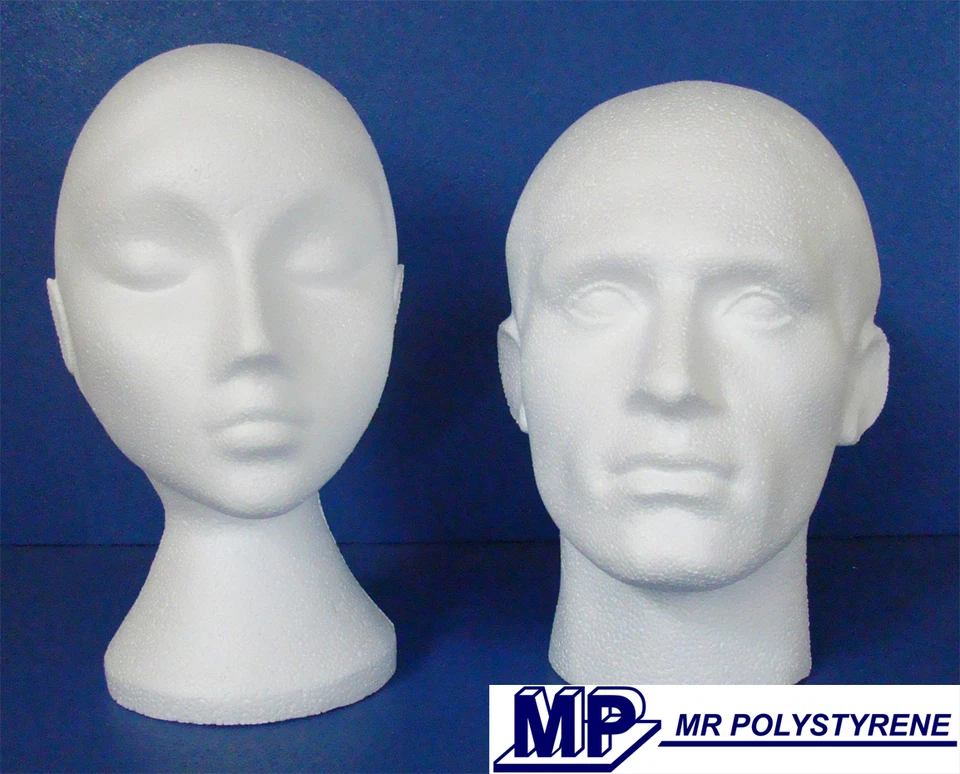 1 PAIR POLYSTYRENE HEADS MALE + UNISEX MANNEQUIN DISPLAY HEAD