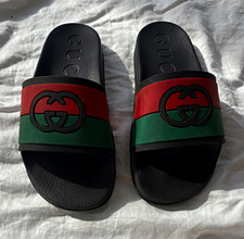 Gucci Mens Black Rubber Slide Sandals Logo We...