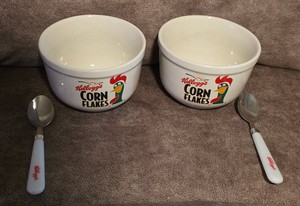 Vintage Kellogg's Corn Flake Bowls and Spoons Set of 2