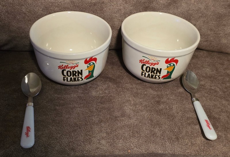 Vintage Kellogg's Corn Flake Bowls and Spoons Set of 2