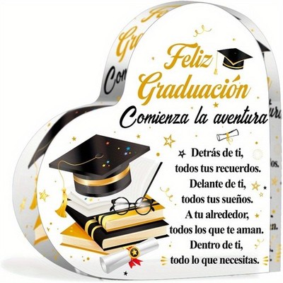2D Flat Heart-Shaped Acrylic Graduation Plaque Golden & Black Keepsake Gift