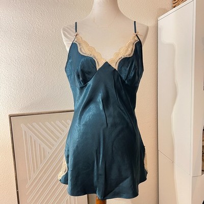 Vintage Teal Women Nightgown Sexy Lingerie Satin Slip Dress Sz M Babydoll