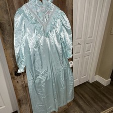 Vintage Ashley Ames Satin Lace Nightgown Size M Blue Feminine Long Sleeve New