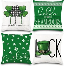 St Patricks Day Pillow Covers 18x18 Set of 4, Shamrocks Green 