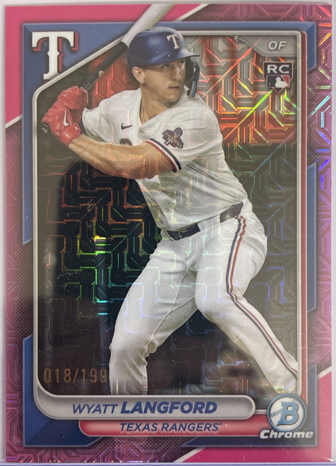 Wyatt Langford 2024 Bowman Chrome Pink Mojo Refractor /199 #71. Texas Rangers
