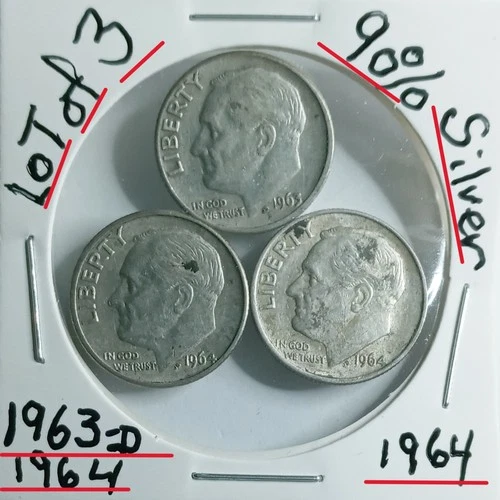 Roosevelt Dimes Lot of 3 90% Silver 1963-D1964-1964-VG ConditionLook @ & Judge**